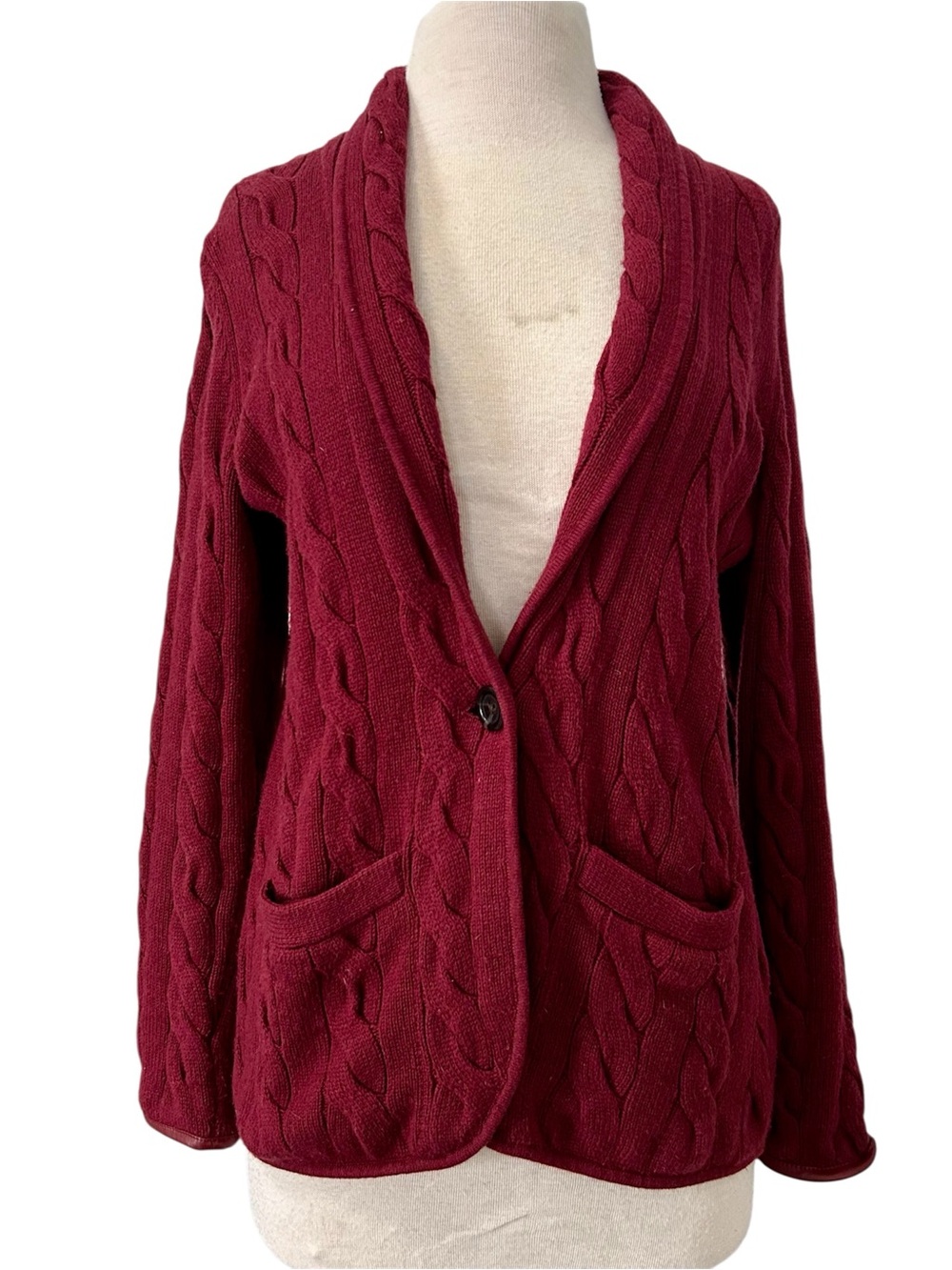 Talbots Cable Knit Shawl Collar Cardigan - Burgundy